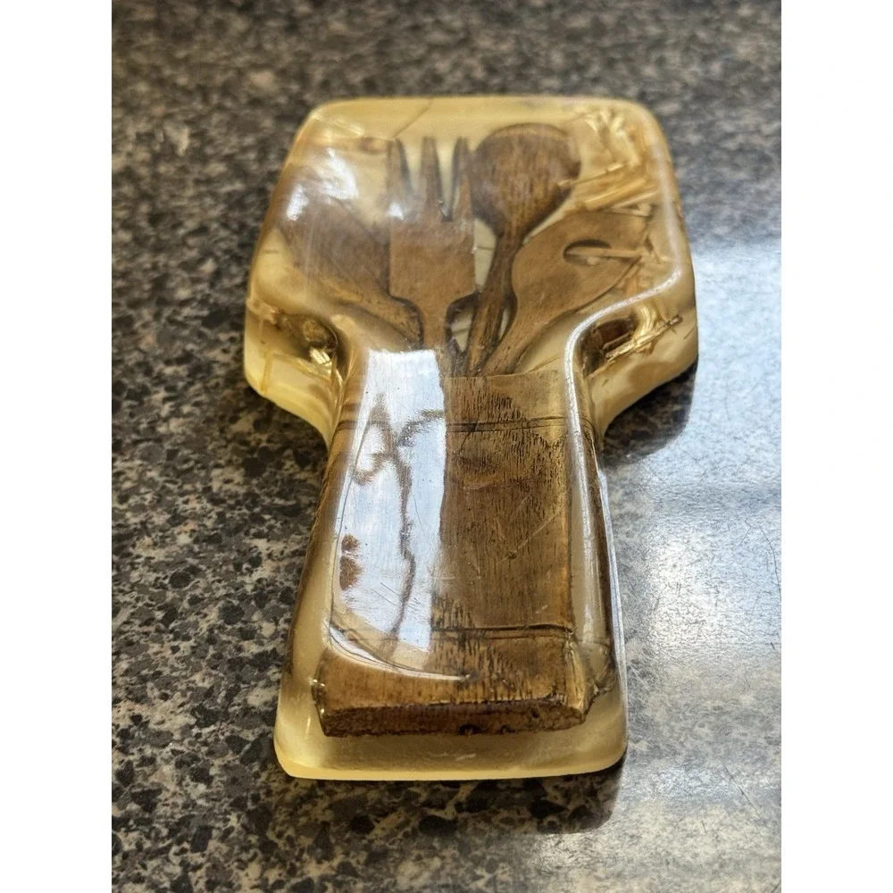 Mid Century Modern 1970 Lucite Acrylic Wood Tools Kitchen Spoon Rest mcm Vintage